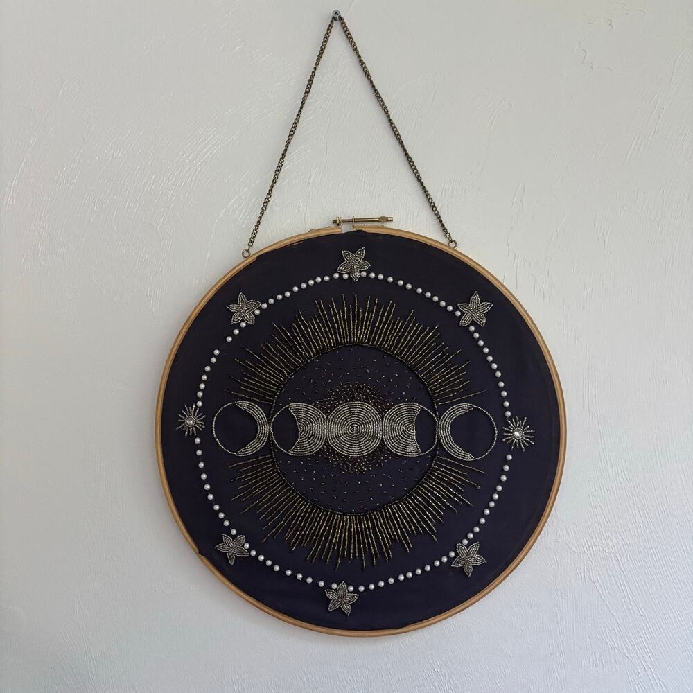 Witchy Moon Phase Starburst Embroidery Hoop Wall Art Dark Navy Boho Goth